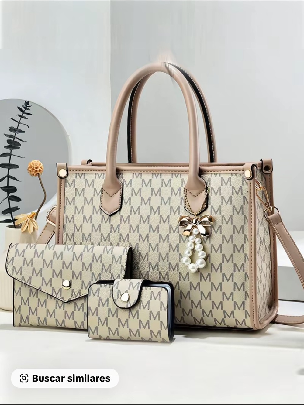 Monogram Beige & Taupe Tote Bag Set with Pearl Charm